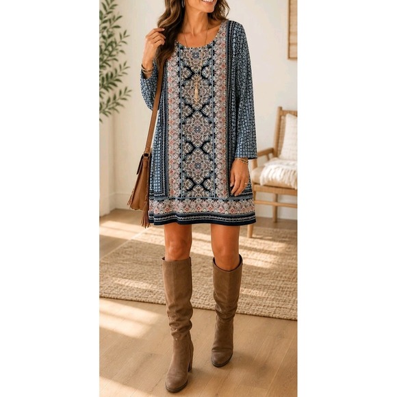 J. Jill Dresses & Skirts - J Jill XL Paisley Tunic Dress Blue Boho Stretch Knit Long Sleeve